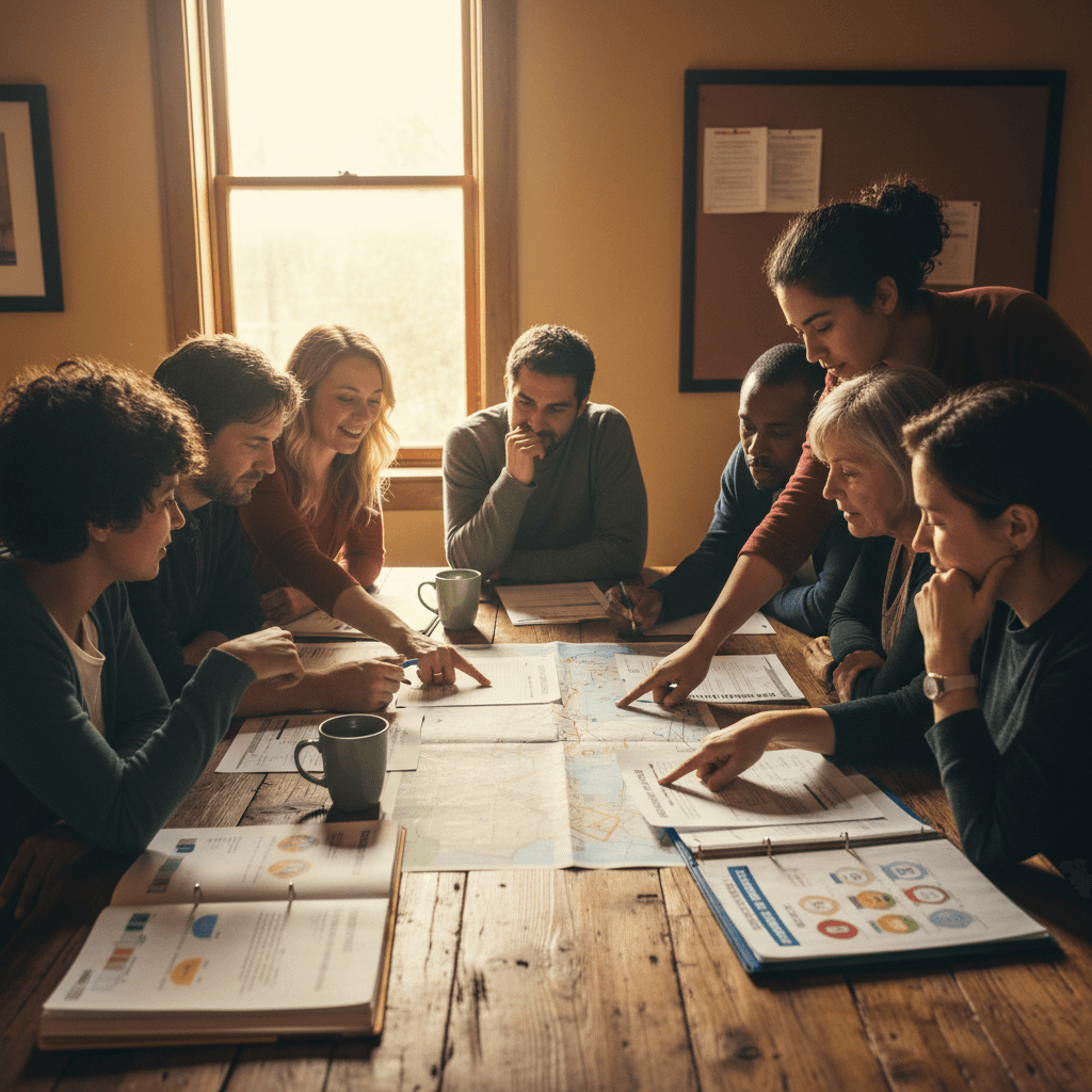 Community members reviewing emergency preparedness plans together