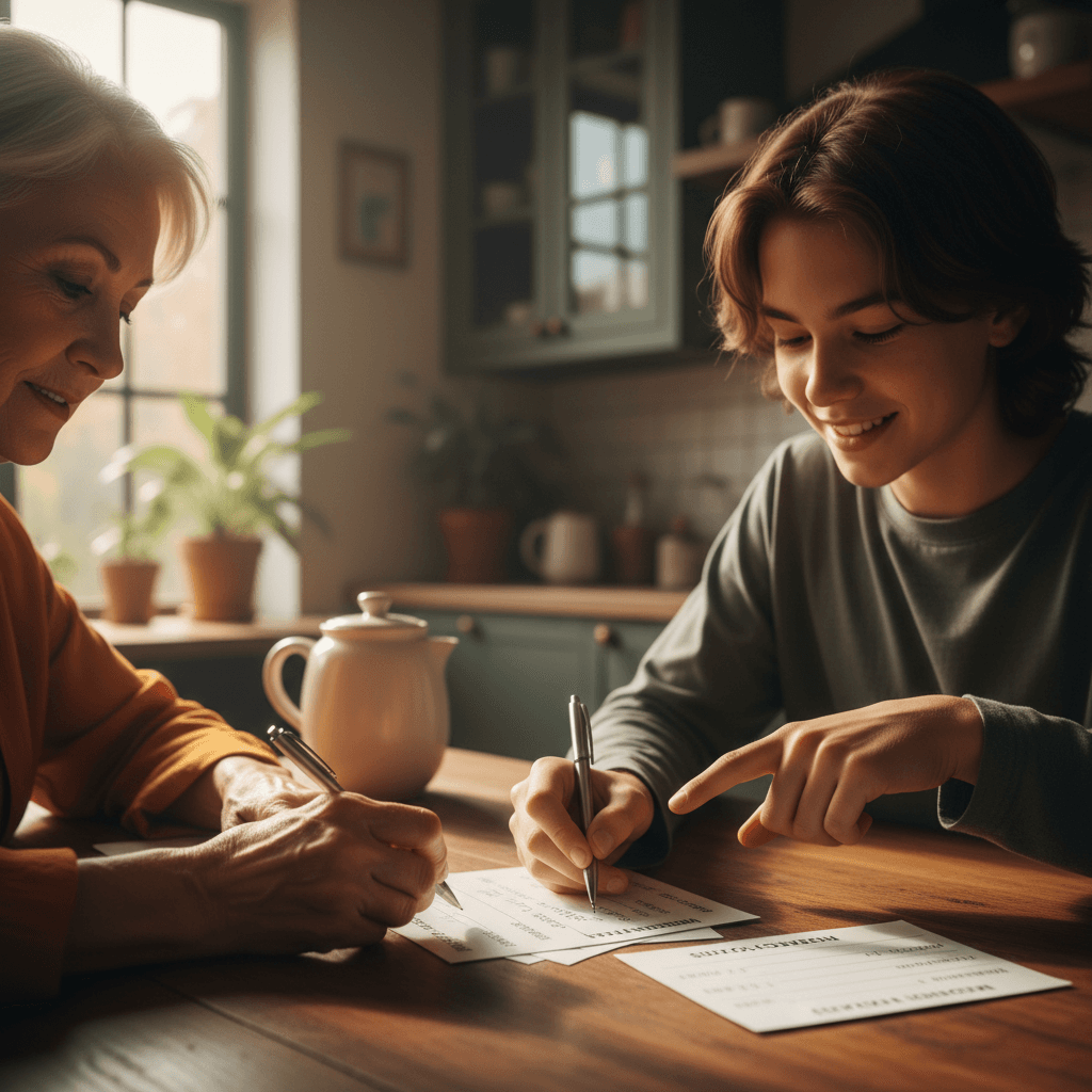 Family members completing a communication plan card