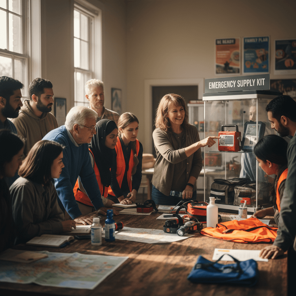 Disaster preparedness training session with community members learning emergency response skills
