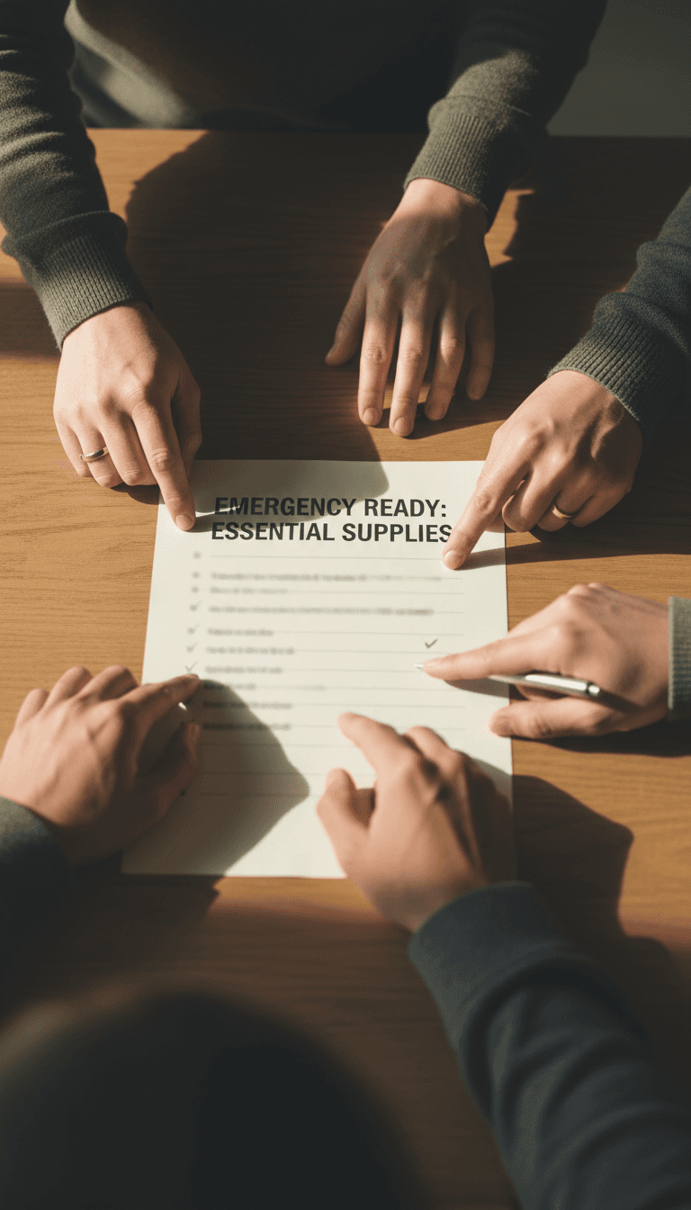 Hands reviewing disaster preparedness checklist together