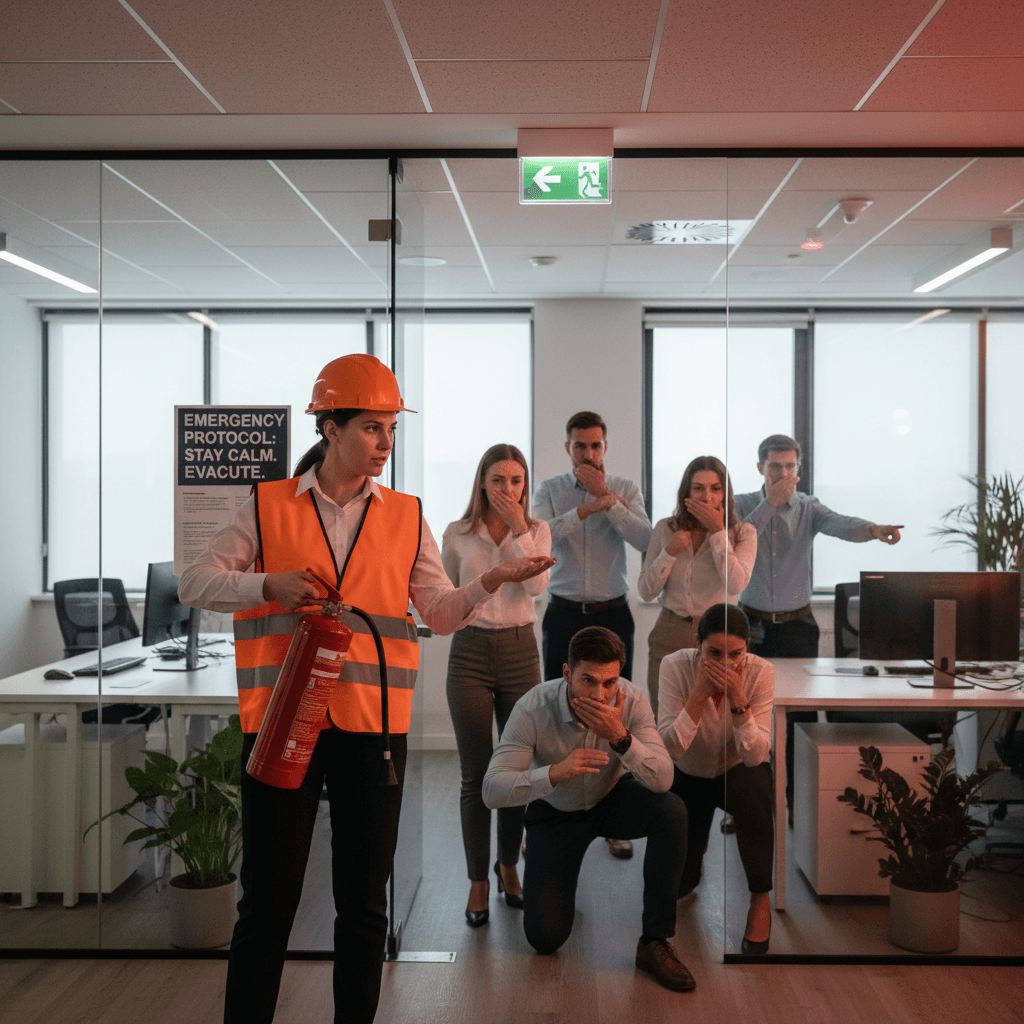 Workplace team participating in emergency response drill led by safety instructor