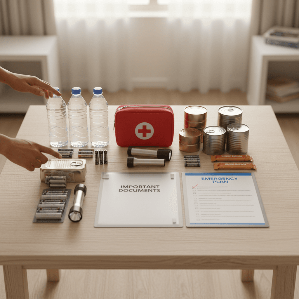 Overhead view of organized emergency kit with first aid, water, flashlights, documents, and supplies on wooden table with family member's hands