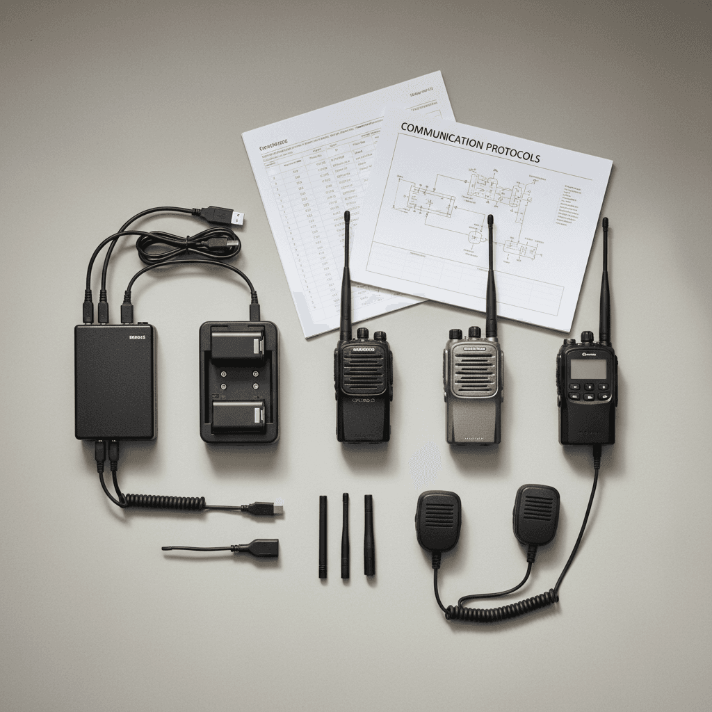 Overhead arrangement of professional two-way radio units, programming equipment, batteries, antennas, and accessories on neutral surface